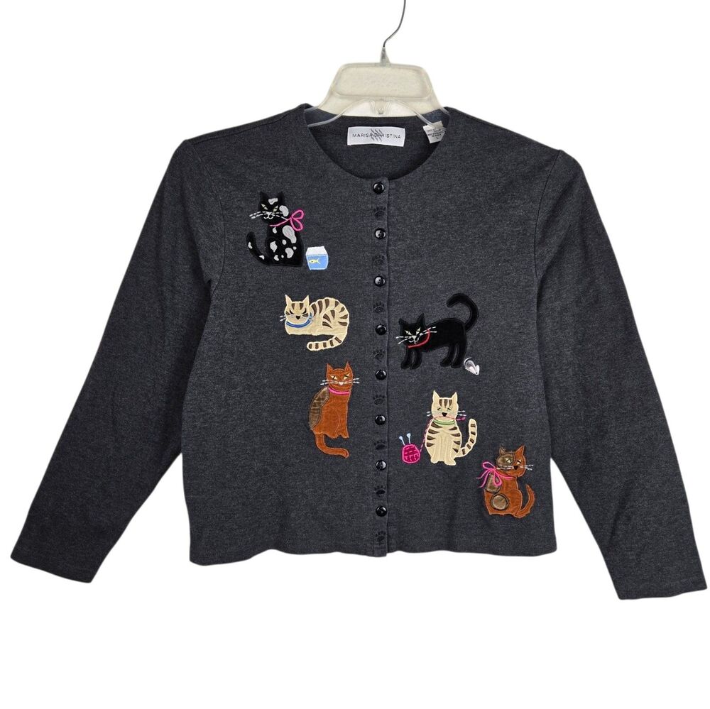 Vtg Marisa Christina Cat Cardigan Top Sz L Gray Long Sleeve Button Up